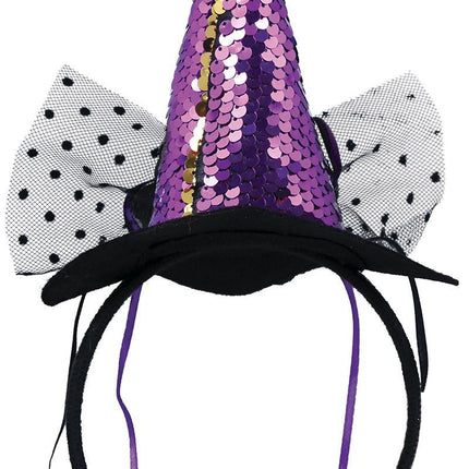 Diadema de Halloween Mini Sombrero de Bruja Lentejuelas Moradas