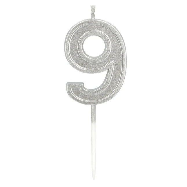 Vela Elegant «9» plateada con palito (3 x 4,2 x 0,7 cm)