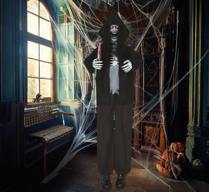 Muñeco Halloween Esqueleto Con Luz, Sonido Y Movimiento Negro 1,8m