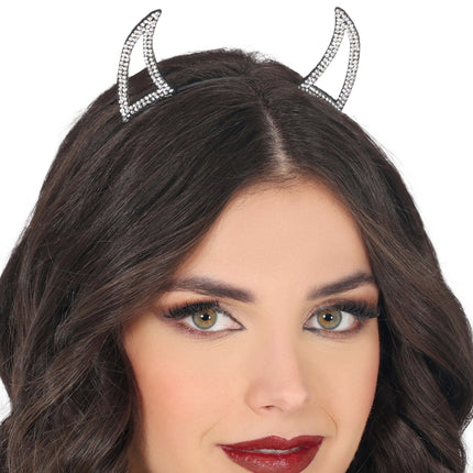 Diadema de Halloween Diablo Plateado con Pedrería