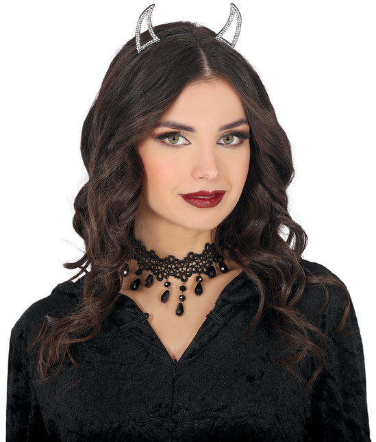 Diadema de Halloween Diablo Plateado con Pedrería