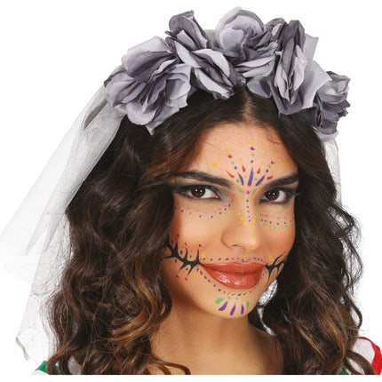 Diadema Halloween Velo Gris Y Flores