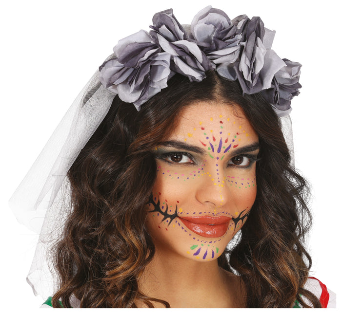 Diadema Halloween Velo Gris Y Flores