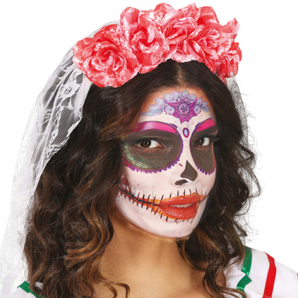 Diadema Halloween Velo Rosa Y Flores