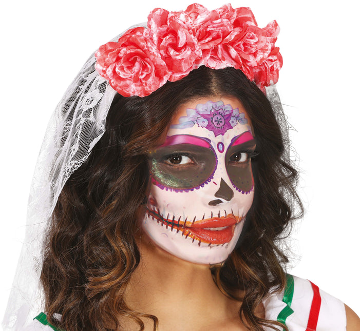 Diadema Halloween Velo Rosa Y Flores