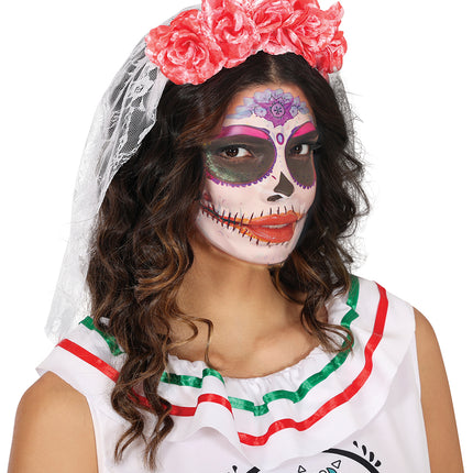 Diadema Halloween Velo Rosa Y Flores