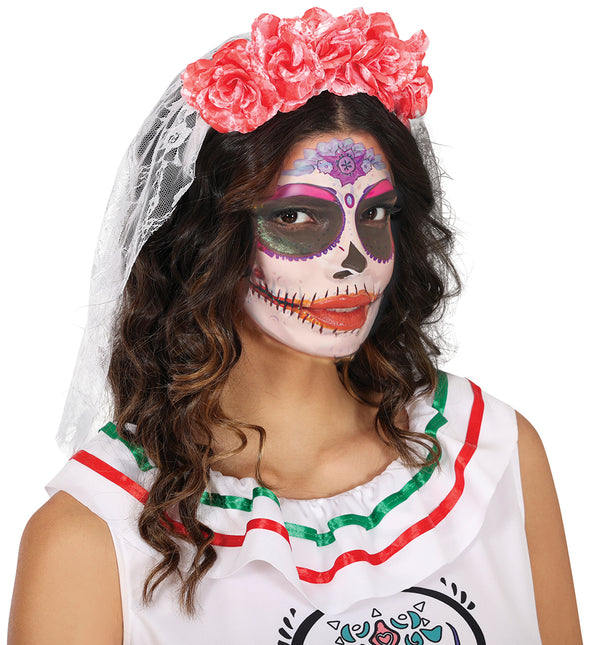 Diadema Halloween Velo Rosa Y Flores