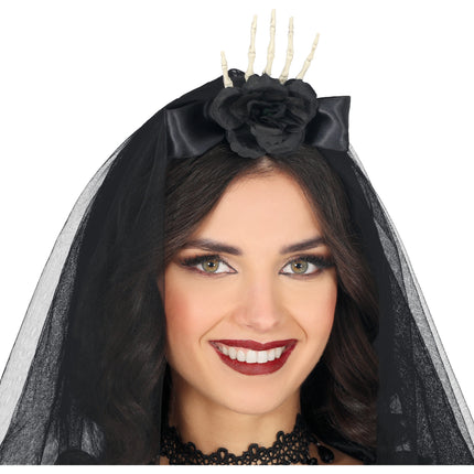 Diadema Negra Esqueleto Velo Y Flor