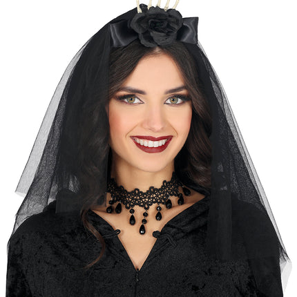 Diadema Negra Esqueleto Velo Y Flor
