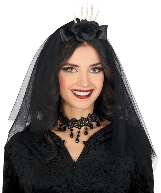 Diadema Negra Esqueleto Velo Y Flor