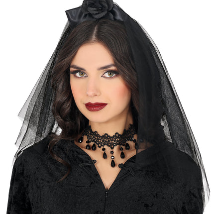 Diadema Negra Esqueleto Velo Y Flor
