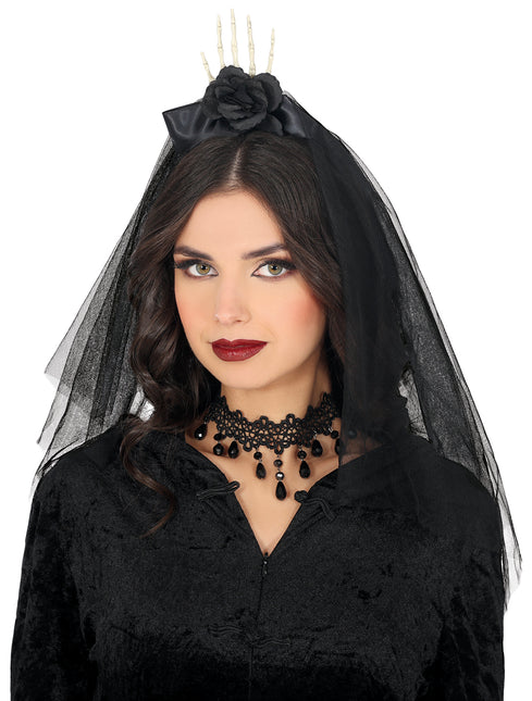 Diadema Negra Esqueleto Velo Y Flor