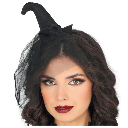 Diadema Negra Mini Sombrero de Bruja con Velo