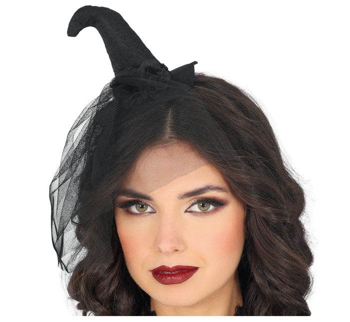 Diadema Negra Mini Sombrero de Bruja con Velo