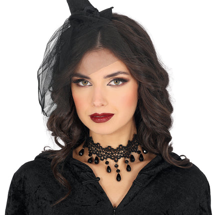 Diadema Negra Mini Sombrero de Bruja con Velo