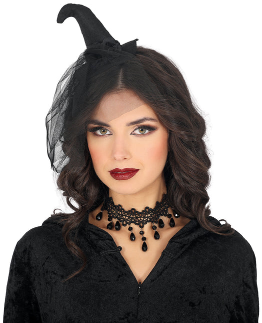 Diadema Negra Mini Sombrero de Bruja con Velo