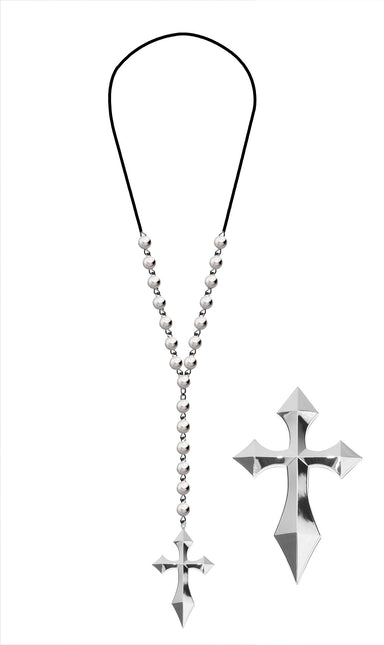 Collar de Plata Cruz con Perlas Plateadas