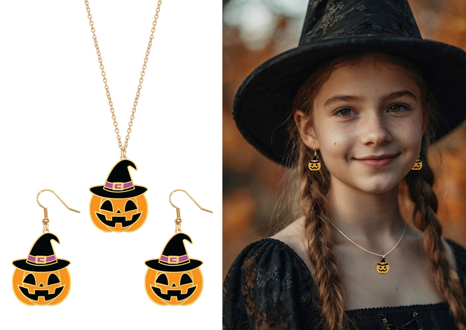 Set Accesorios Halloween Collar y Pendientes Naranja Calabaza