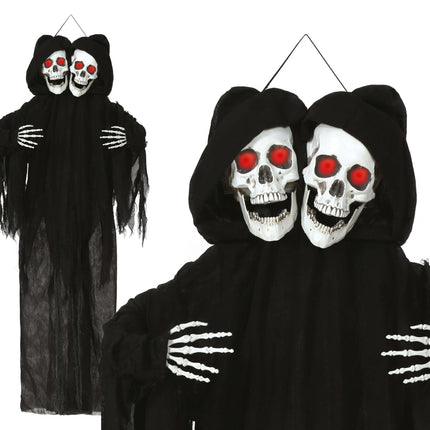 Muñeco Halloween Esqueleto Negro Dos Calaveras Con Luz Y Sonido 1,7m