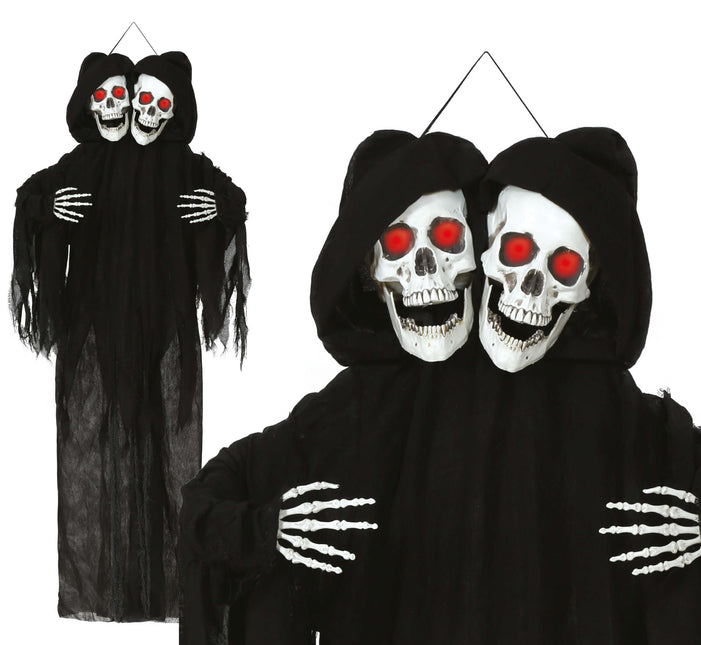 Muñeco Halloween Esqueleto Negro Dos Calaveras Con Luz Y Sonido 1,7m