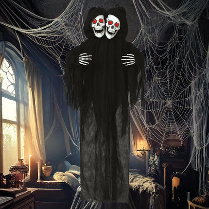 Muñeco Halloween Esqueleto Negro Dos Calaveras Con Luz Y Sonido 1,7m