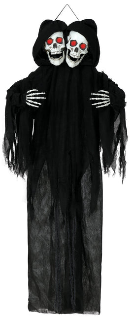 Muñeco Halloween Esqueleto Negro Dos Calaveras Con Luz Y Sonido 1,7m