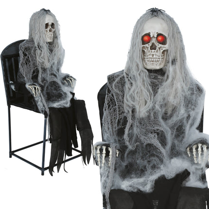 Esqueleto de Halloween en una silla con luz, sonido y movimiento, 1,05 m