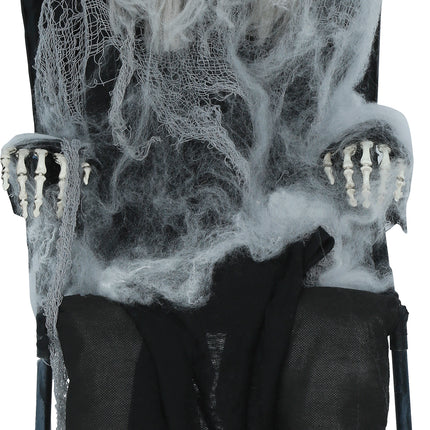 Esqueleto de Halloween en una silla con luz, sonido y movimiento, 1,05 m