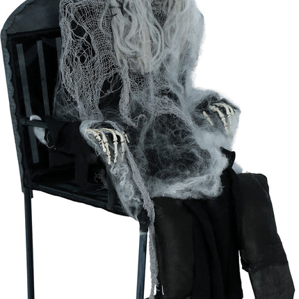 Esqueleto de Halloween en una silla con luz, sonido y movimiento, 1,05 m