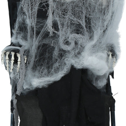 Esqueleto de Halloween en una silla con luz, sonido y movimiento, 1,05 m