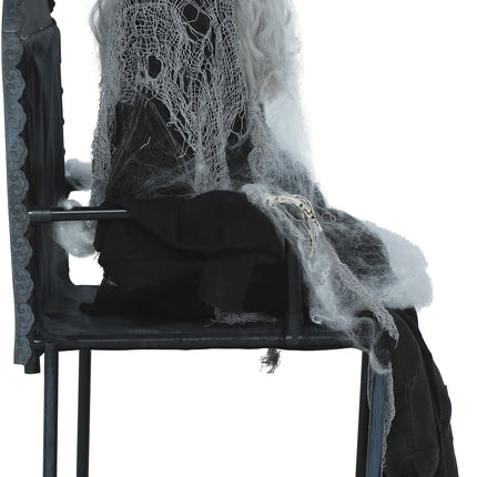 Esqueleto de Halloween en una silla con luz, sonido y movimiento, 1,05 m