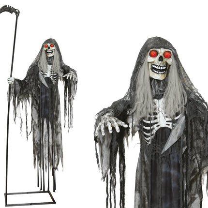 Esqueleto de Halloween volador con luz, sonido y movimiento, 2,05 m