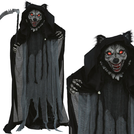 Hombre lobo de Halloween con luces, sonido y movimiento, 1,75 m