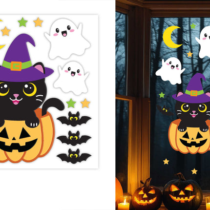 Decoración de Halloween para la ventana: gato con calabaza, 50 cm