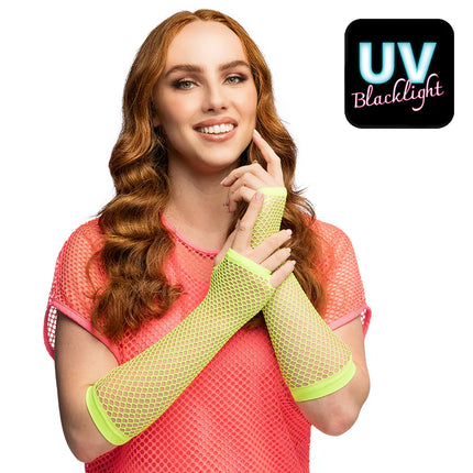 Un par de guantes hasta el codo de malla, verde neón