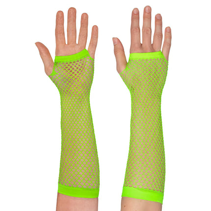 Un par de guantes hasta el codo de malla, verde neón