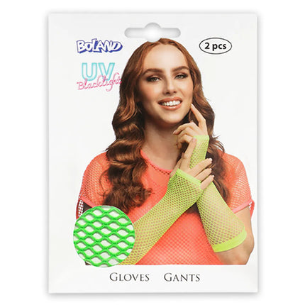 Un par de guantes hasta el codo de malla, verde neón