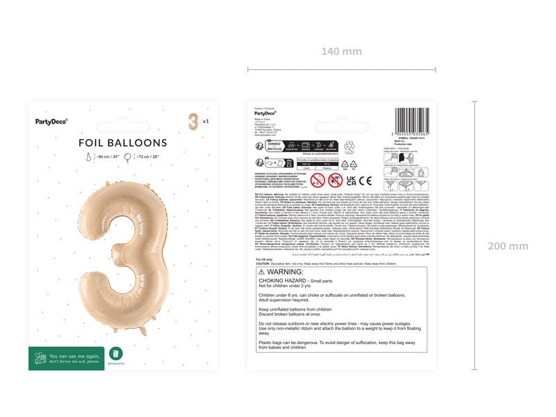 3 Jaar Cijfer Ballon Beige Leeg 72cm van Partydeco koop je bij Partywinkel
