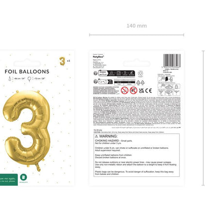3 Jaar Cijfer Ballon Goud Leeg 72cm van Partydeco koop je bij Partywinkel