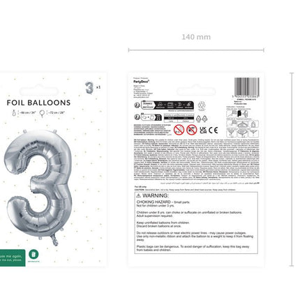 3 Jaar Cijfer Ballon Zilver Leeg 72cm van Partydeco koop je bij Partywinkel