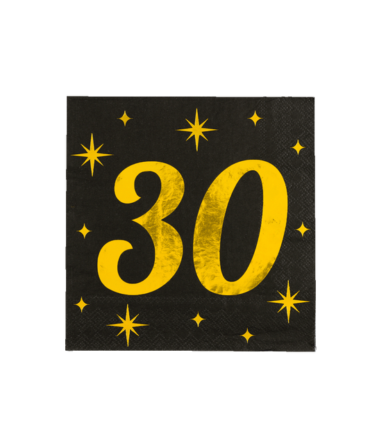 30 Jaar Servetten Zwart Goud 19cm 16st - Partywinkel - 8716764238086