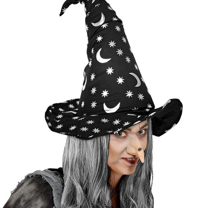 SOMBRERO DE BRUJA/BRUJO CON LUNA Y ESTRELLAS ADULTO