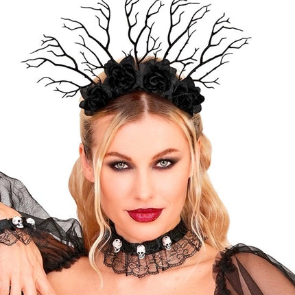 DIADEMA «REY OSCURO»: RAMAS Y ROSAS NEGRAS