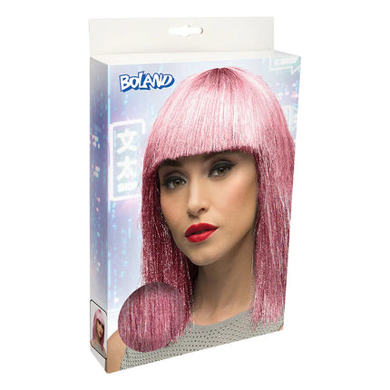 Peluca rosa loca (lentejuelas plateadas)