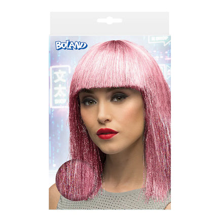 Peluca rosa loca (lentejuelas plateadas)