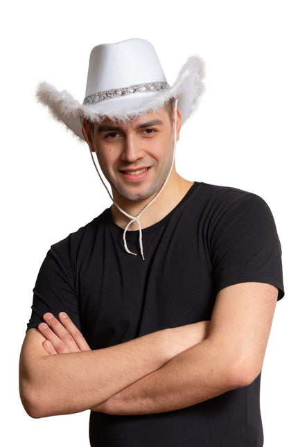 Sombrero Vaquero Purpurina con Piel Blanco - Pack de 6