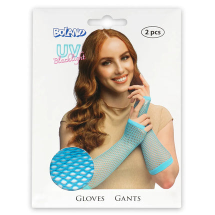 Un par de guantes hasta el codo de malla azul neón