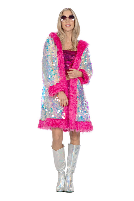Chaqueta larga de lentejuelas holográficas con pelo