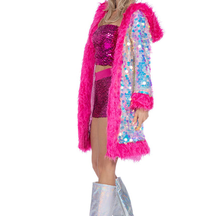 Chaqueta larga de lentejuelas holográficas con pelo