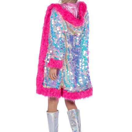 Chaqueta larga de lentejuelas holográficas con pelo